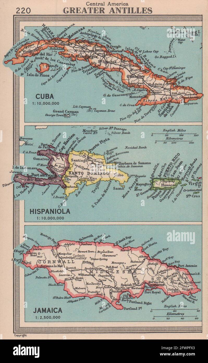 Greater Antilles. Jamaica Cuba Hispaniola. West Indies. BARTHOLOMEW 1949 map Stock Photo