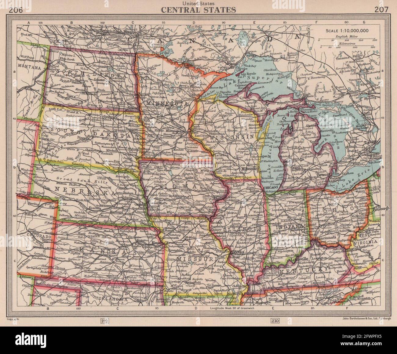United States Central states Midwestern - United States Central States Midwestern Usa Bartholomew 1949 Old Vintage Map 2FWPFX5 