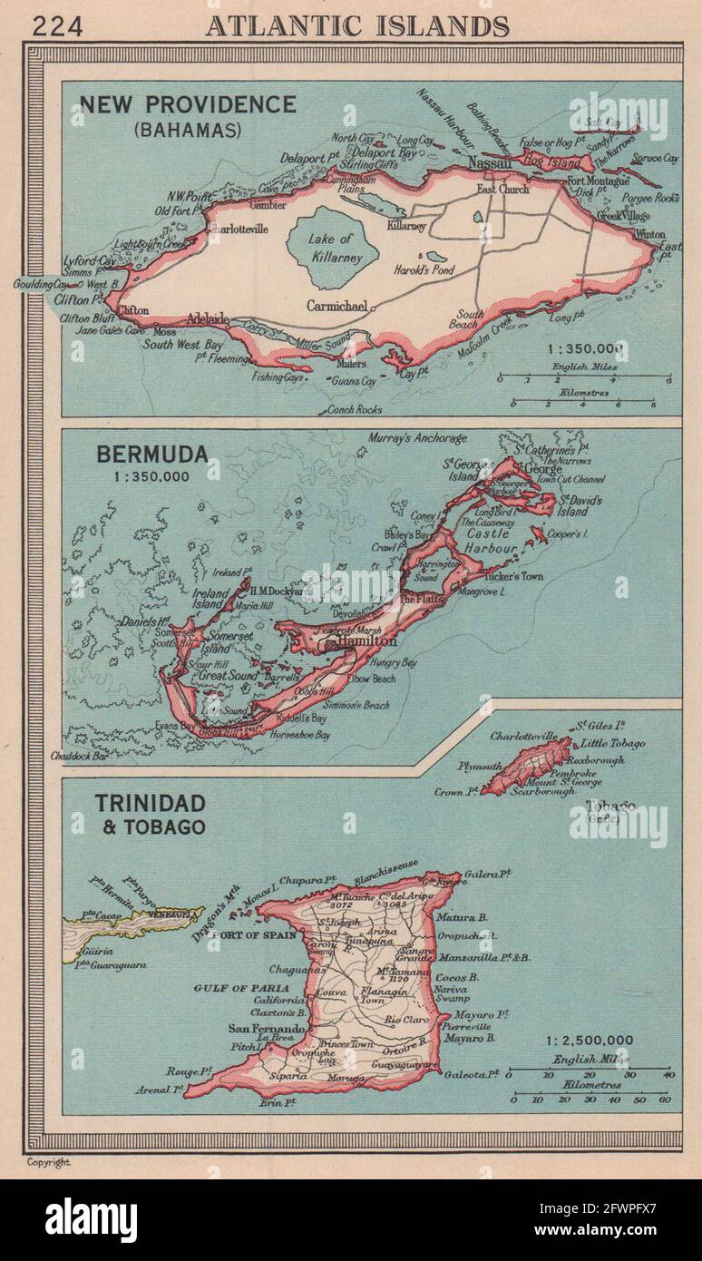 New Providence, Bahamas. Bermuda. Trinidad Tobago. BARTHOLOMEW 1949 old map Stock Photo