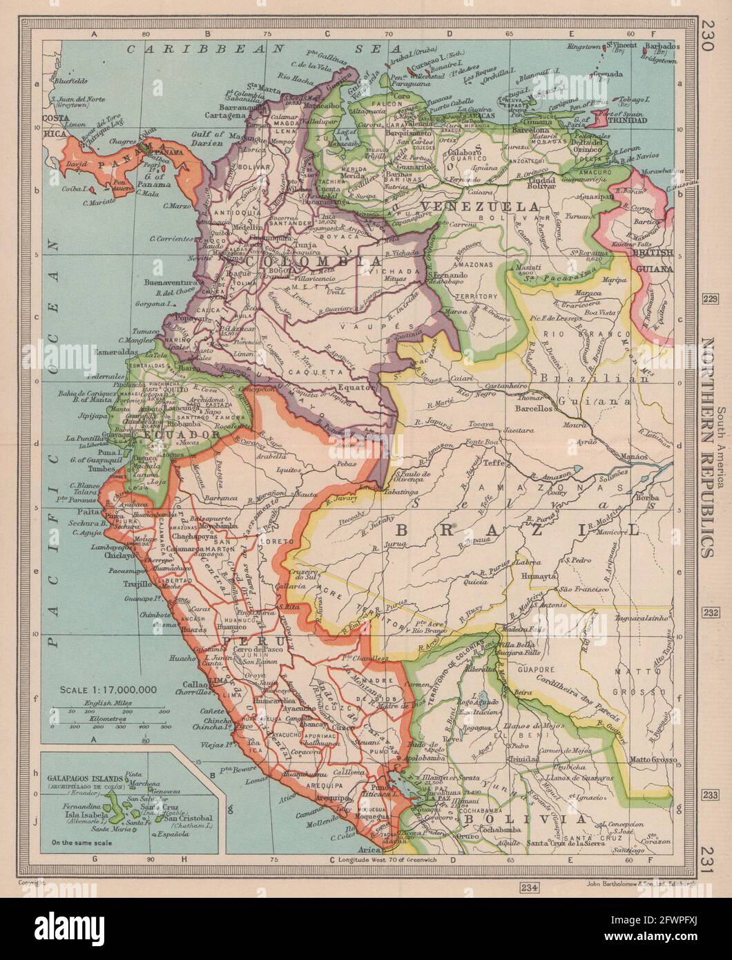 Peru Ecuador Colombia Venezuela Amazonia. Andean States. BARTHOLOMEW 1949 map Stock Photo