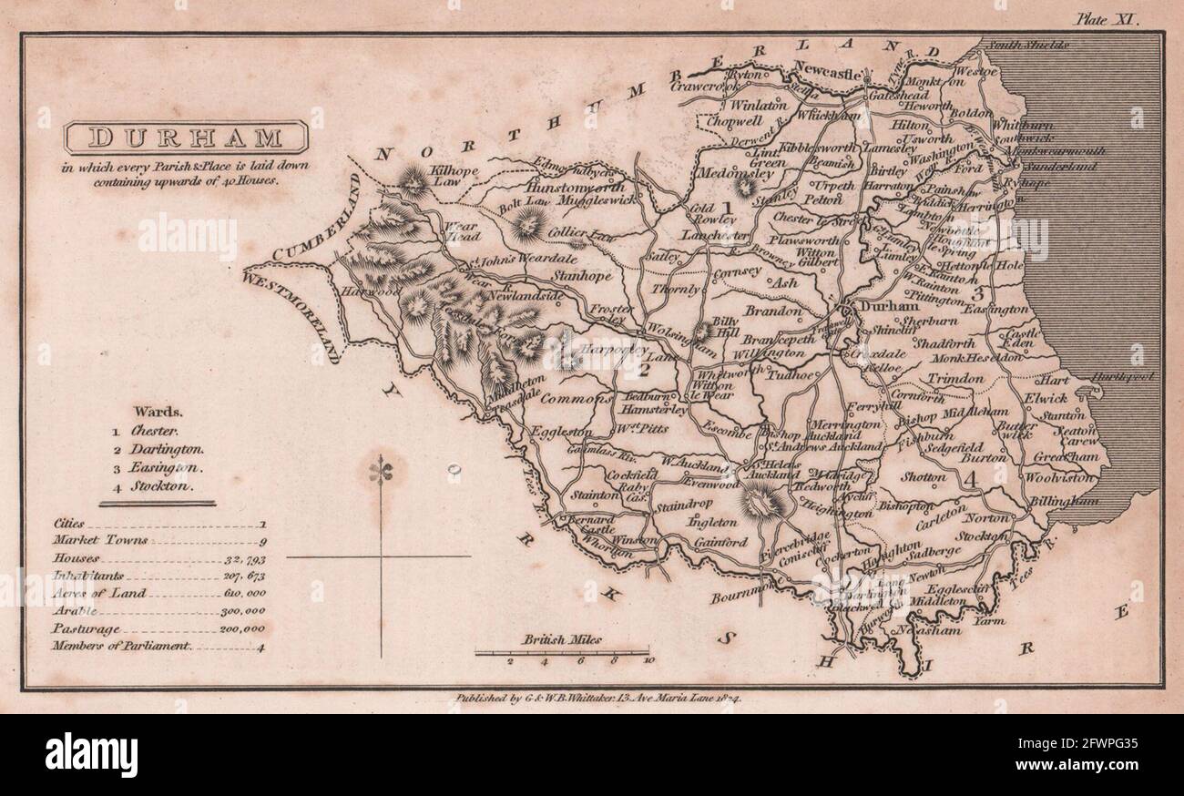 Durham antique copperplate county map by Benjamin Pitts Capper 1825 old Stock Photo