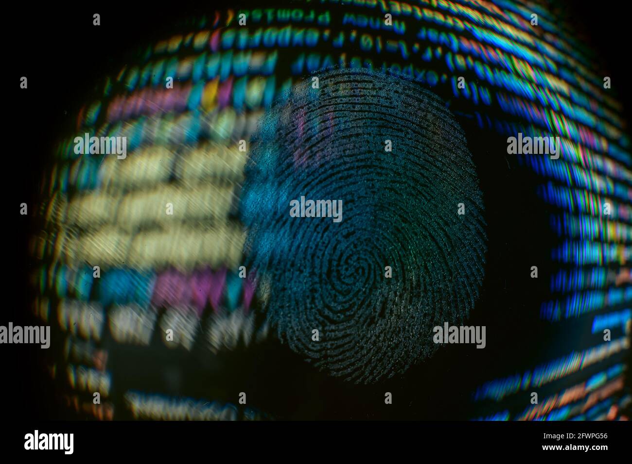 Nice fingerprint on the crumpled background of the code. Abstract ...