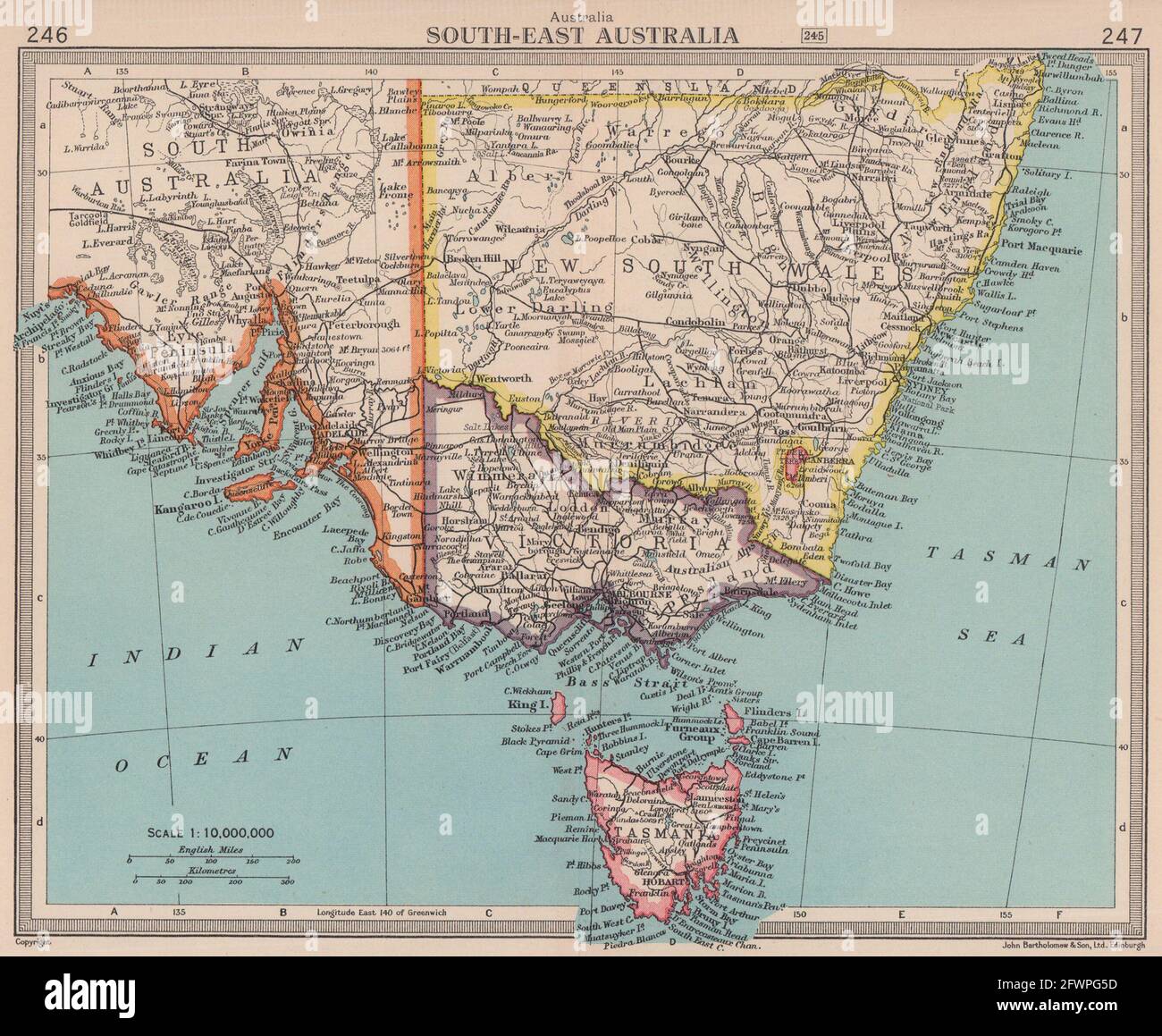 South East Australia. Victoria Tasmania New South Wales. BARTHOLOMEW 1949 map Stock Photo