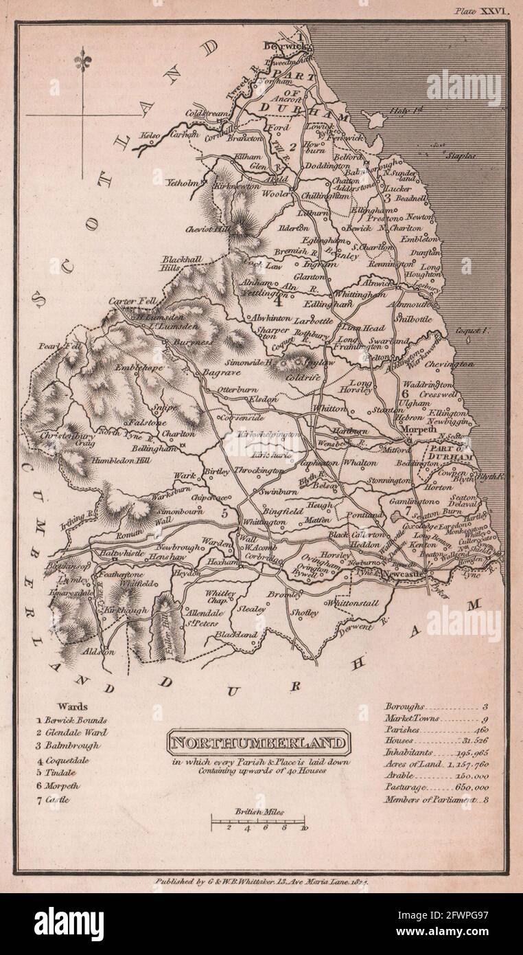 Northumberland antique copperplate county map by Benjamin Pitts Capper 1825 Stock Photo