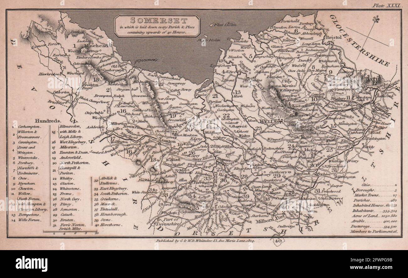 Somerset antique copperplate county map by Benjamin Pitts Capper 1825 old Stock Photo