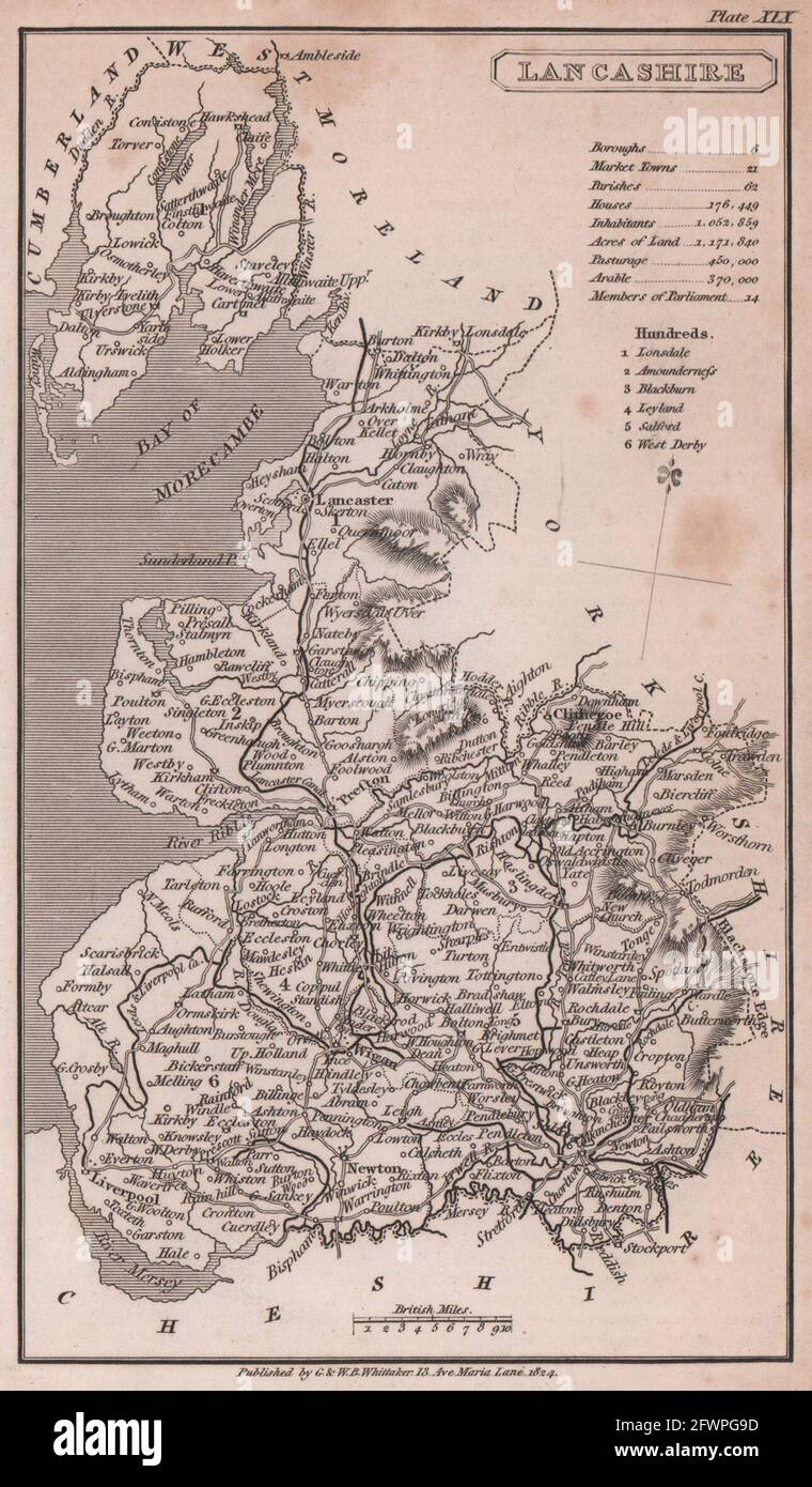 Lancashire antique copperplate county map by Benjamin Pitts Capper 1825 Stock Photo