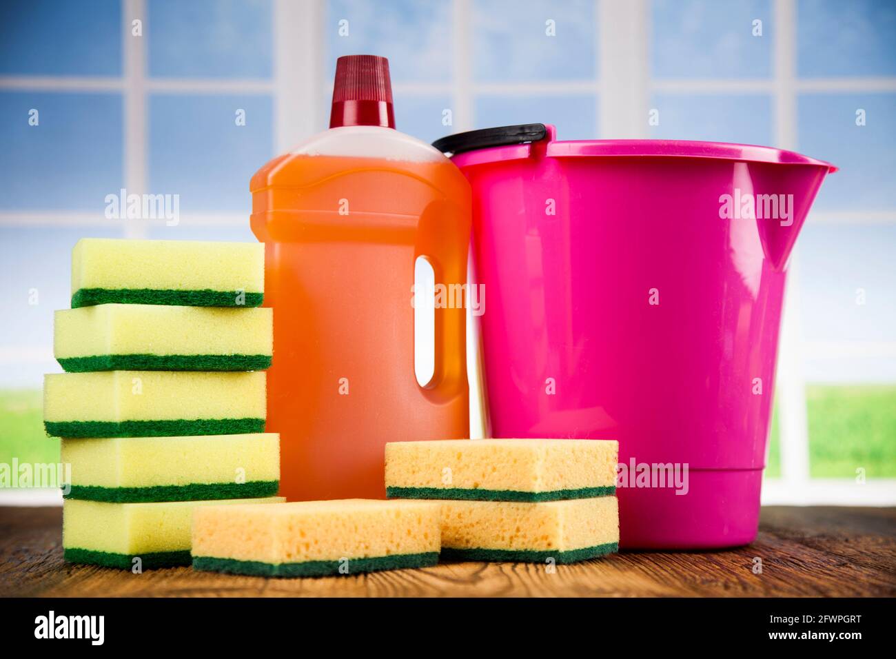 Cleaning Equipment and window background Stock Photo - Alamy