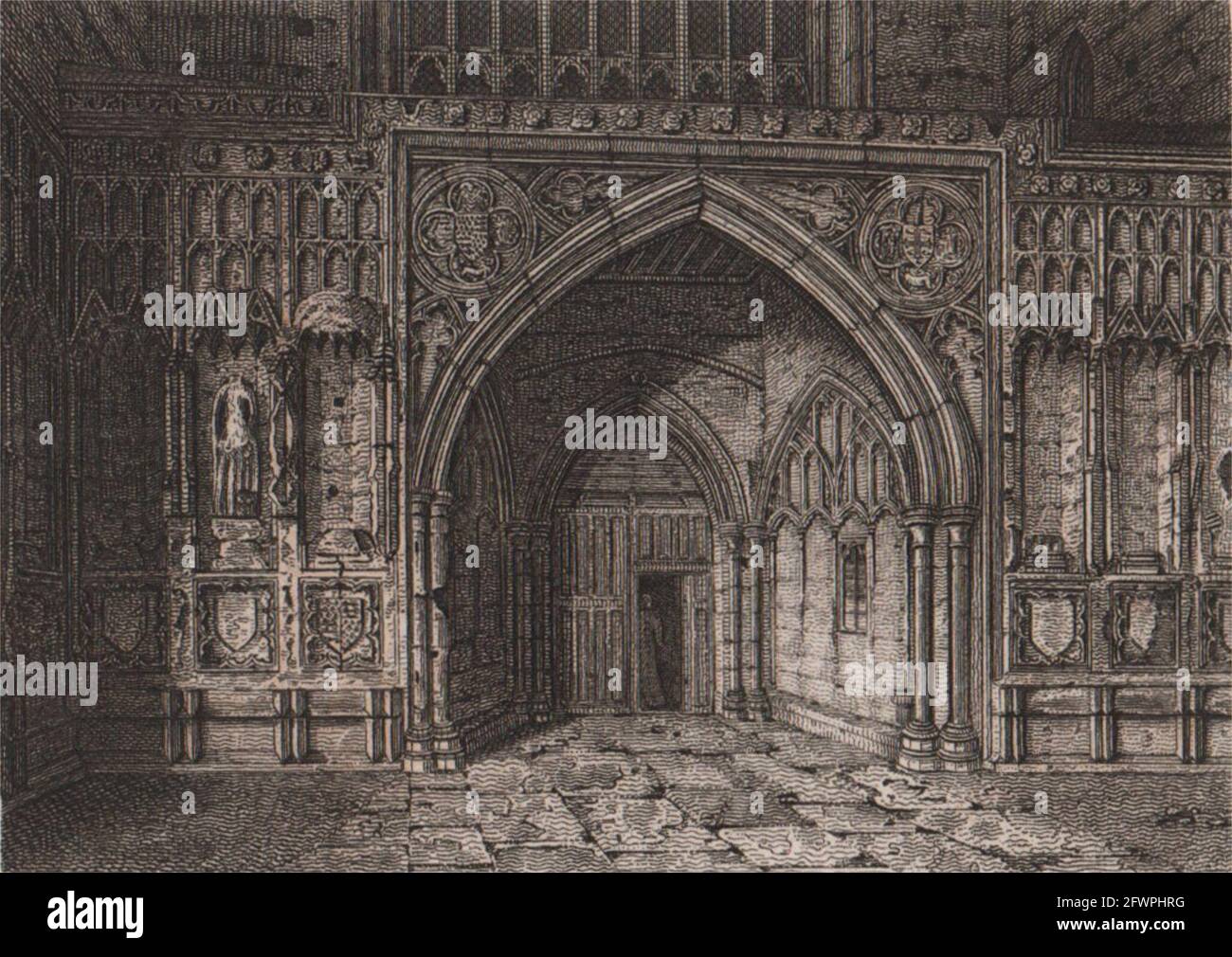 Entrance to Westminster Hall, London. Antique engraved print 1817 old Stock Photo
