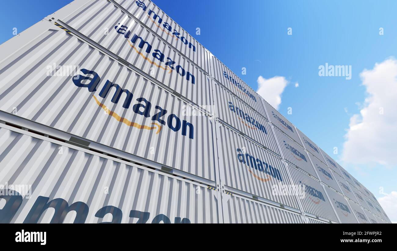 Container yard full of containers with logo of Amazon. New York, USA ...
