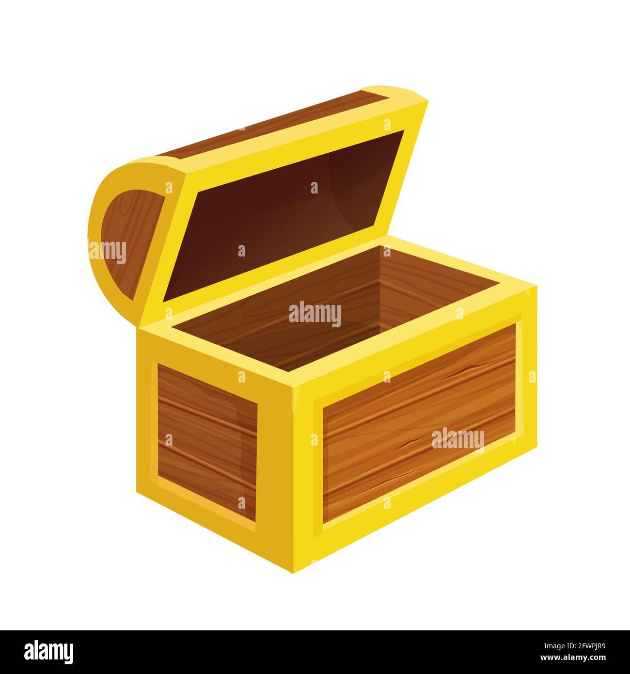 Wooden open empty chest in cartoon style isolated on white background. Ui game asset, element, clip art. Antique container for treasure. Vector illust Stock Vector
