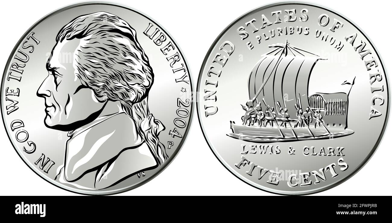 American money, USA five-cent coin with US third President Thomas Jefferson on obverse and keelboat of Lewis and Clark Expedition on reverse Stock Vector