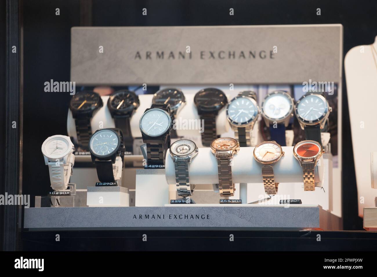 Picture of the Armani Exchange sign on watches for sale in their shop in  Belgrade, Serbia. Armani Exchange is a fashion retailer brand owned by the  Cl Stock Photo - Alamy