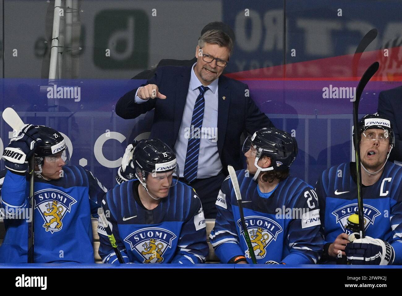 Riga Latvia 22nd May 21 Coach Of Finland Jukka Jalonen Speaks To His Players On Subs Bench During The 21 Iihf Ice Hockey World Championship Group B Match Usa Vs Finland Played
