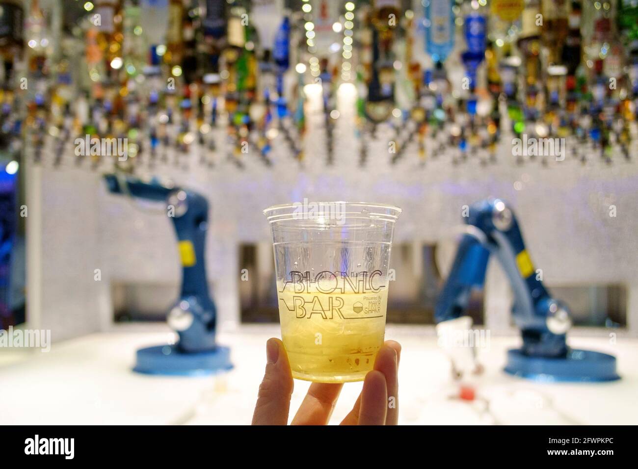 The Bionic Bar on Board the Royal Caribbean ship Anthem of the Seas. The Robotic bartenders mix and serve cocktails to guests. Stock Photo