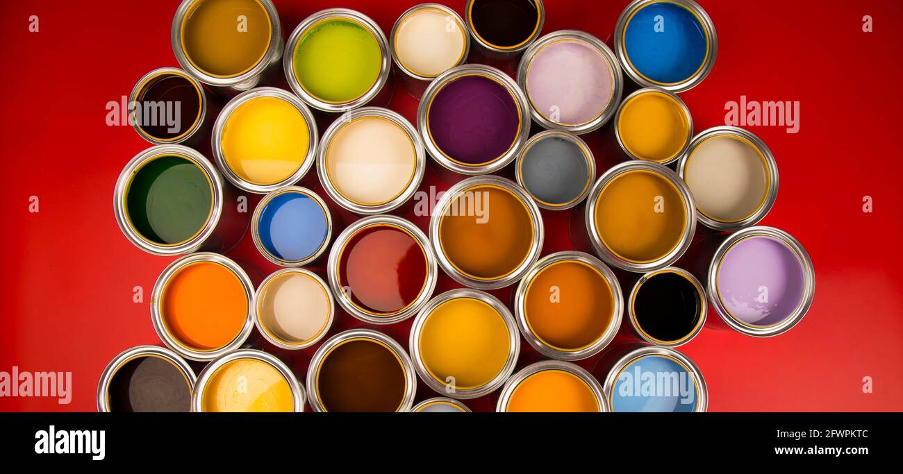 Creativity concept group of tin metal cans with color paint Stock Photo ...