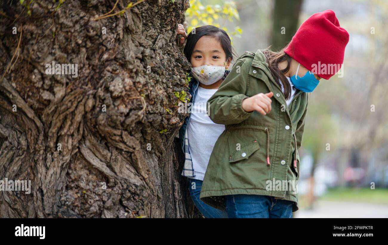 Small children standing by tree outdoors in city park, learning group education and coronavirus concept. Stock Photo