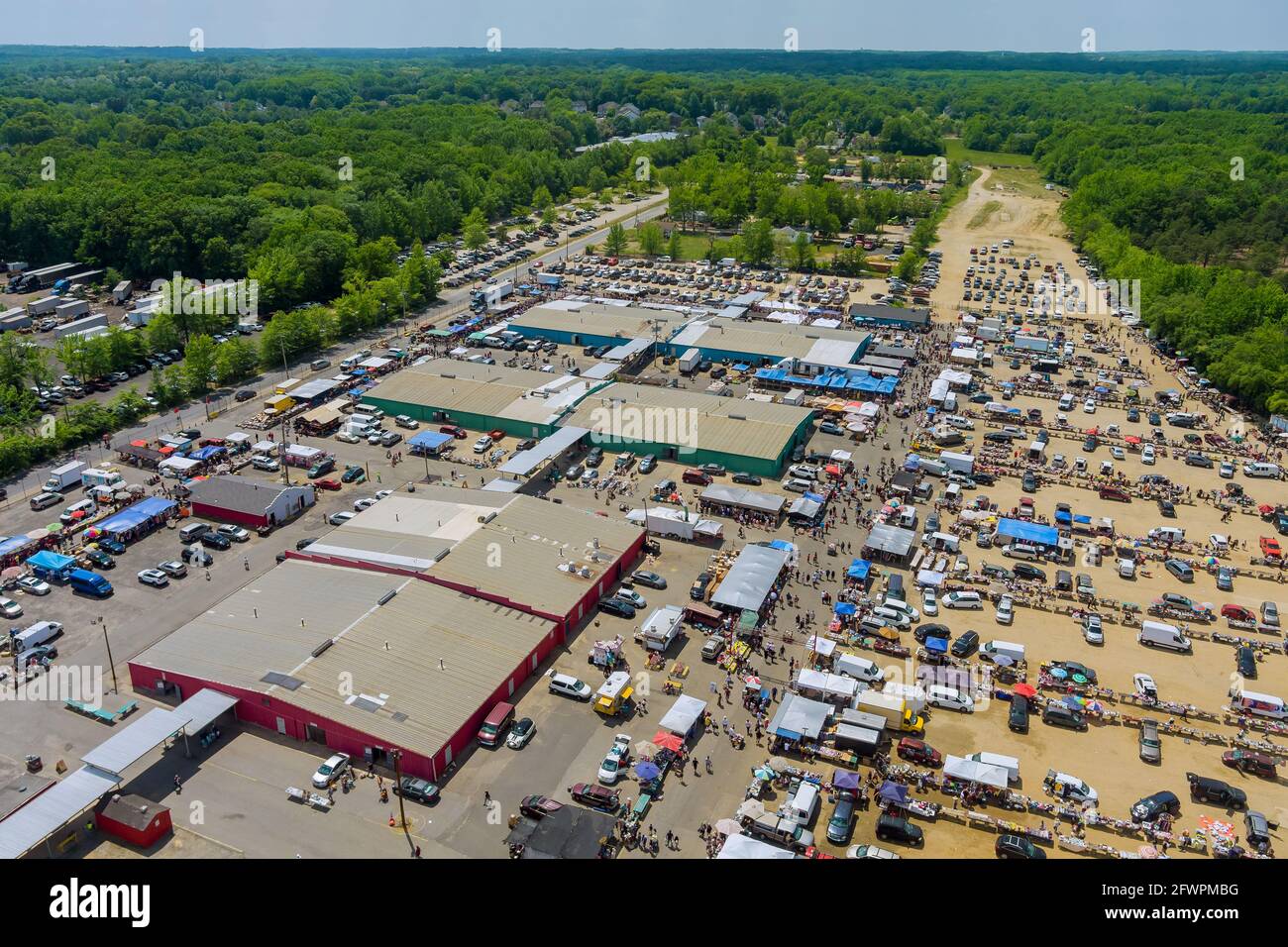 Panorama view on flea market roof top with miscellaneous items and