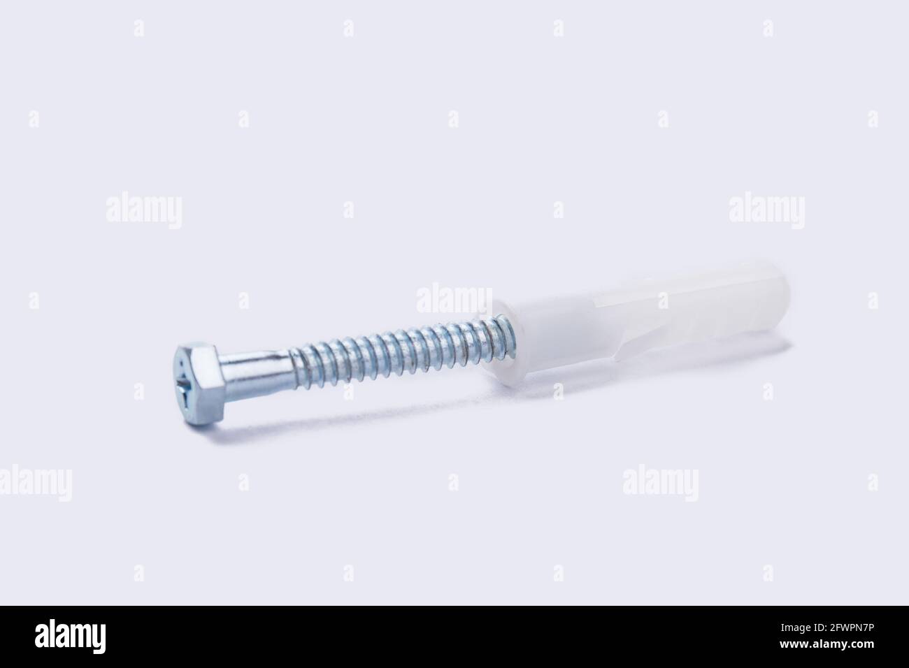 Dowel and screw on white background. Stock Photo