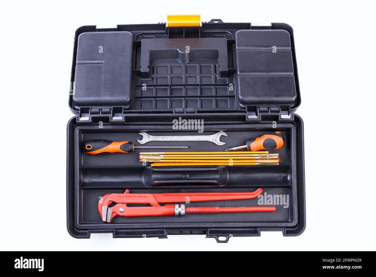 Case with construction tools isolated on white background Stock Photo ...