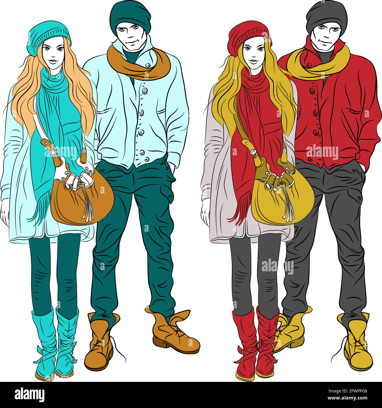 set fashion stylish guy and girl in warm clothes in two colors Stock Vector