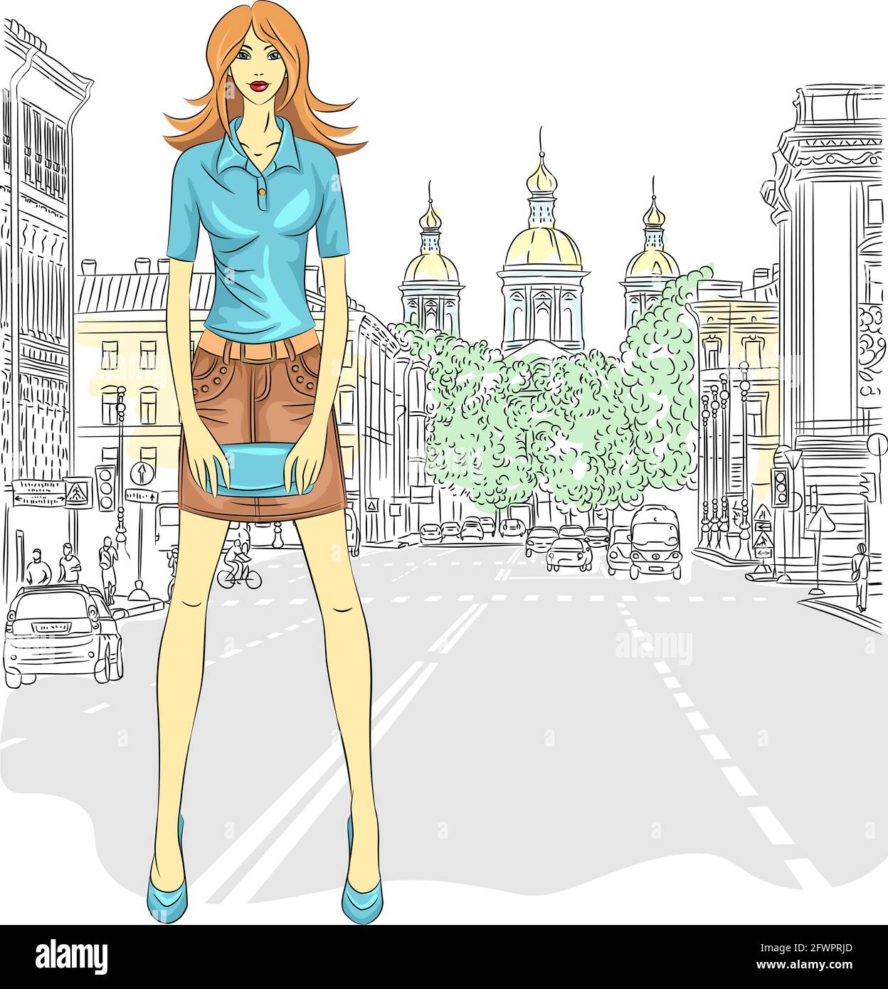 Vector fashionable attractive girl in a short skirt and a clutch bag in the street in St. Petersburg Stock Vector
