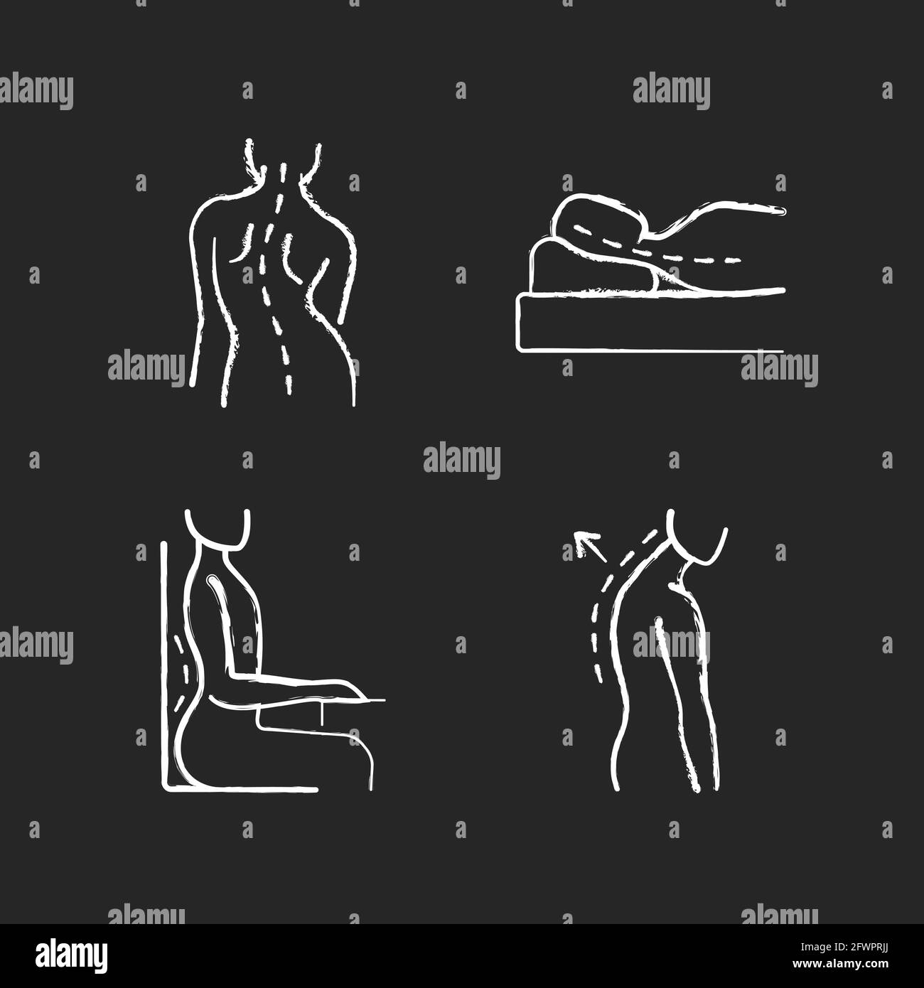 Poor posture problems chalk white icons set on black background Stock Vector