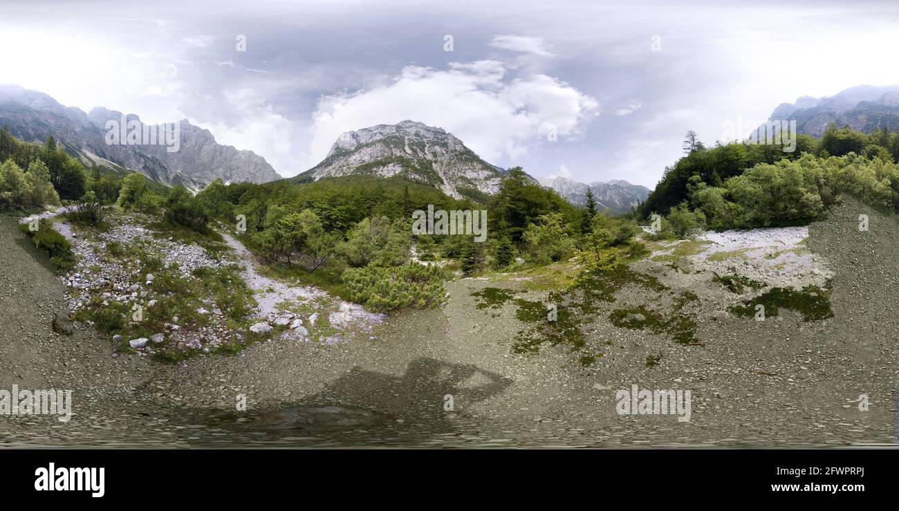 sphaerisches 360 x 180 grad-Panorama: Triglav-Nordwand - Impressionen: julische Alpen/ Julic Alps, Slowenien. Stock Photo