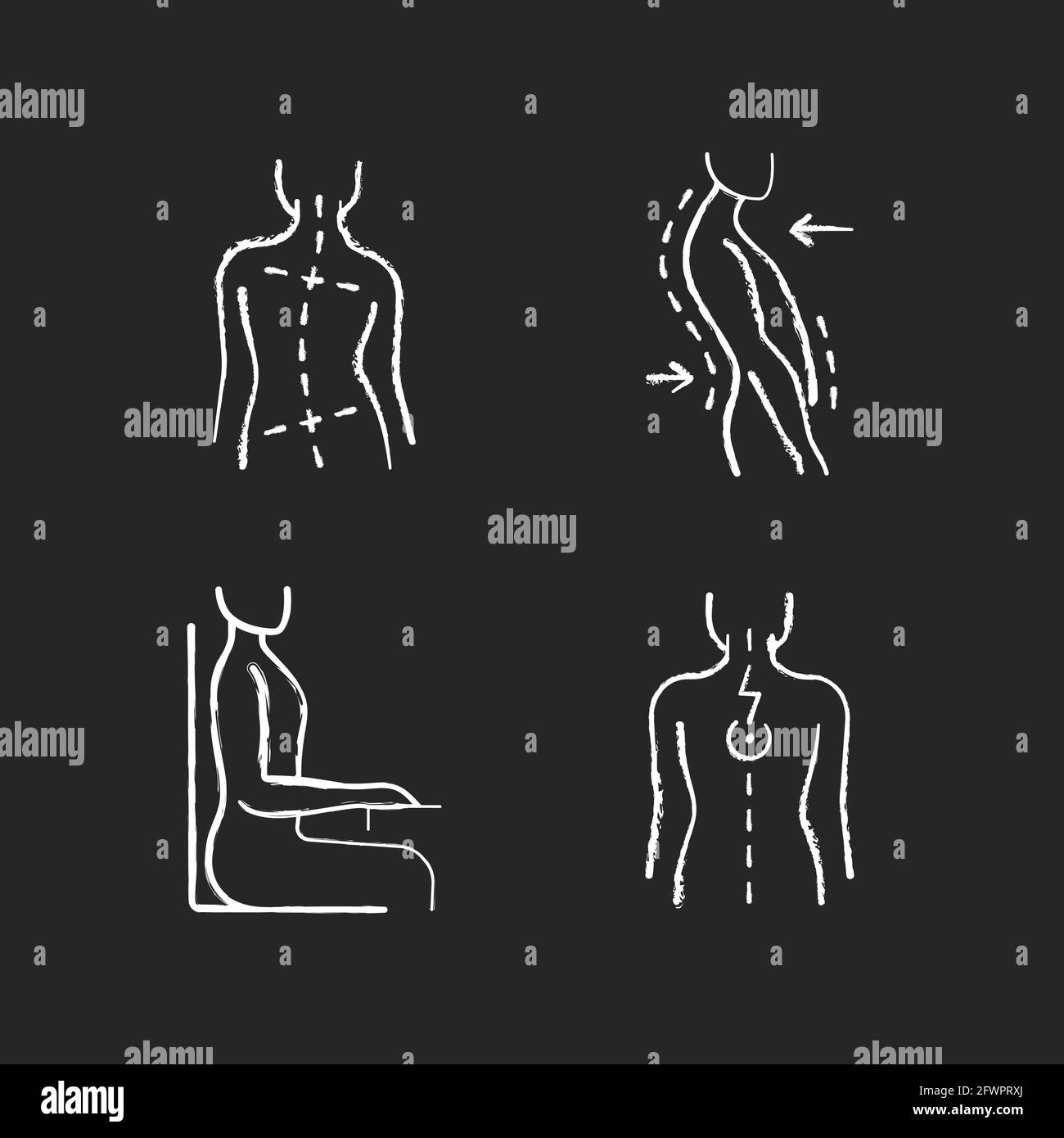 Bad posture problems chalk white icons set on black background Stock Vector