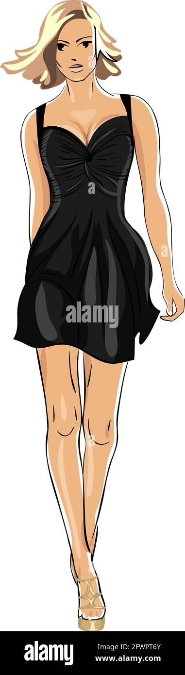 beautiful young girl in a little black dress isolated on white background Stock Vector