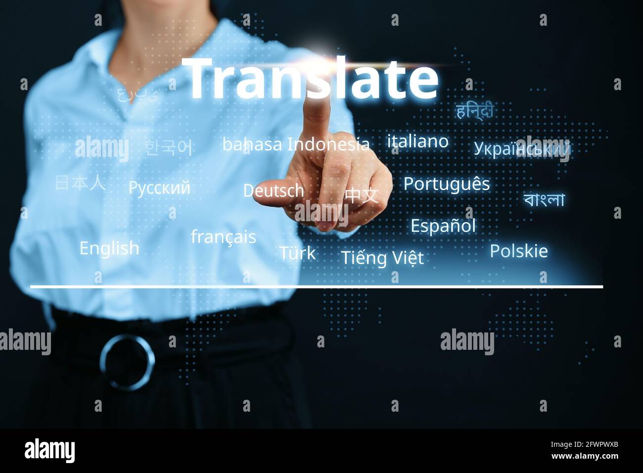 Abstract person clicks on the display with the word translate and foreign language choice. Stock Photo