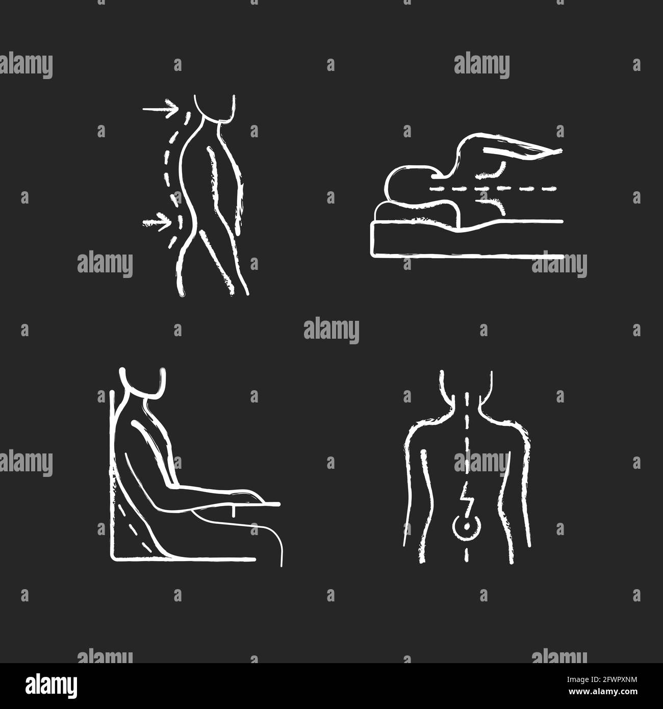 Postural dysfunction chalk white icons set on black background Stock ...