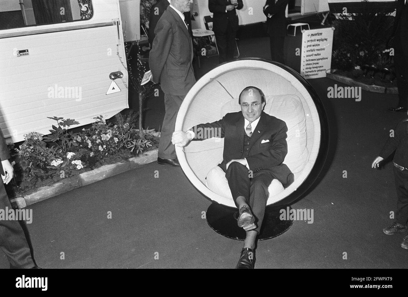 Mr. J. Cals opened caravan exhibition, former prime minister Cals in a chair, January 27, 1967, caravans, chairs, exhibitions, The Netherlands, 20th century press agency photo, news to remember, documentary, historic photography 1945-1990, visual stories, human history of the Twentieth Century, capturing moments in time Stock Photo