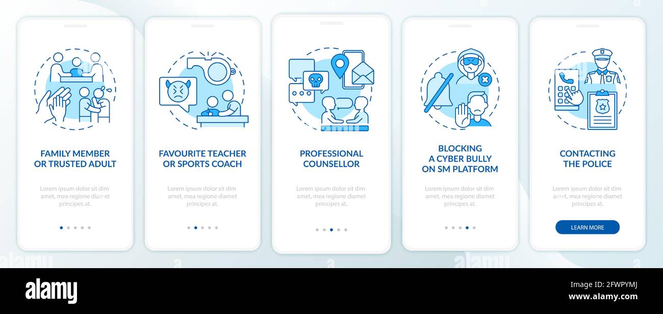 Reporting cyberhumiliation onboarding mobile app page screen with ...