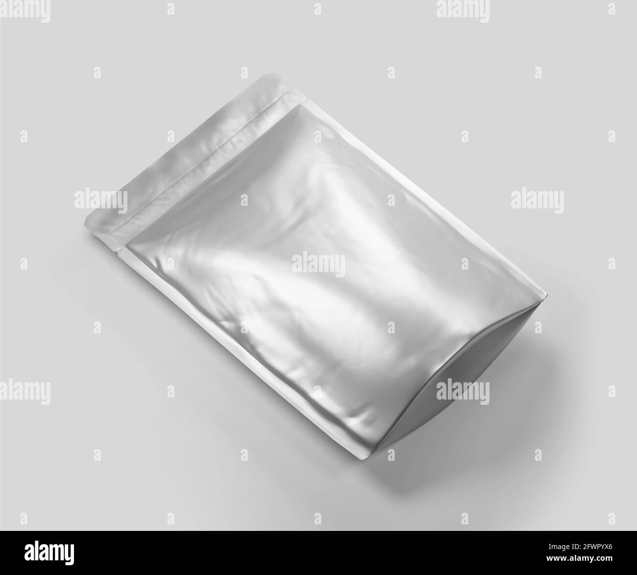Blank Foil plastic pouch coffee bag, white Aluminium coffee or juice package 3d rendering isolated on light background Stock Photo