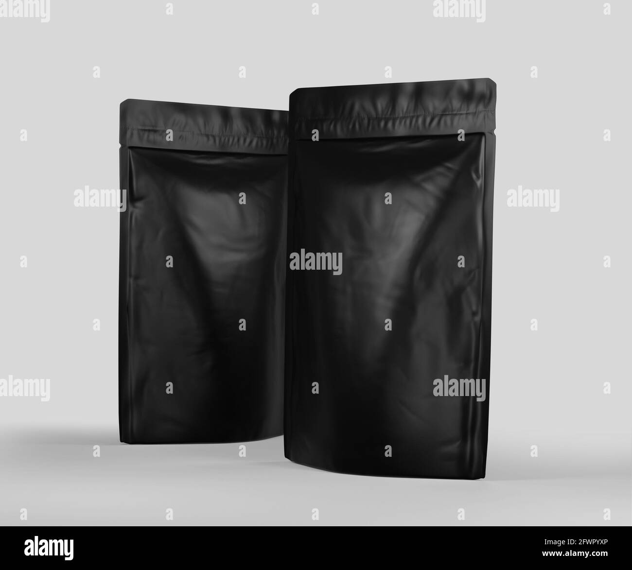 Black Foil plastic pouch coffee bag, Dark Aluminium coffee or juice package 3d rendering isolated on light background Stock Photo