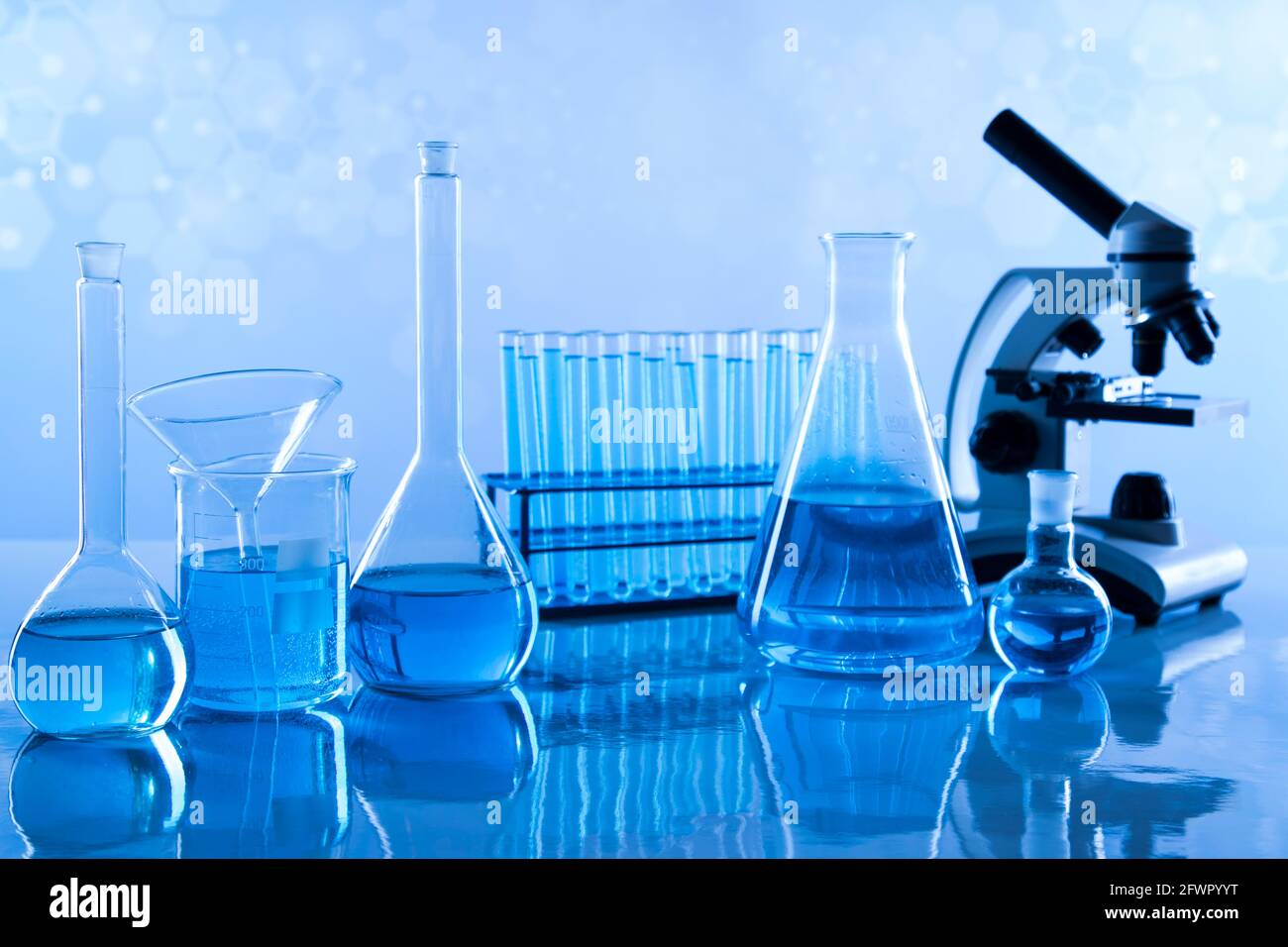 Microscope, Glassware, Laboratory beakers,Science experiment Stock