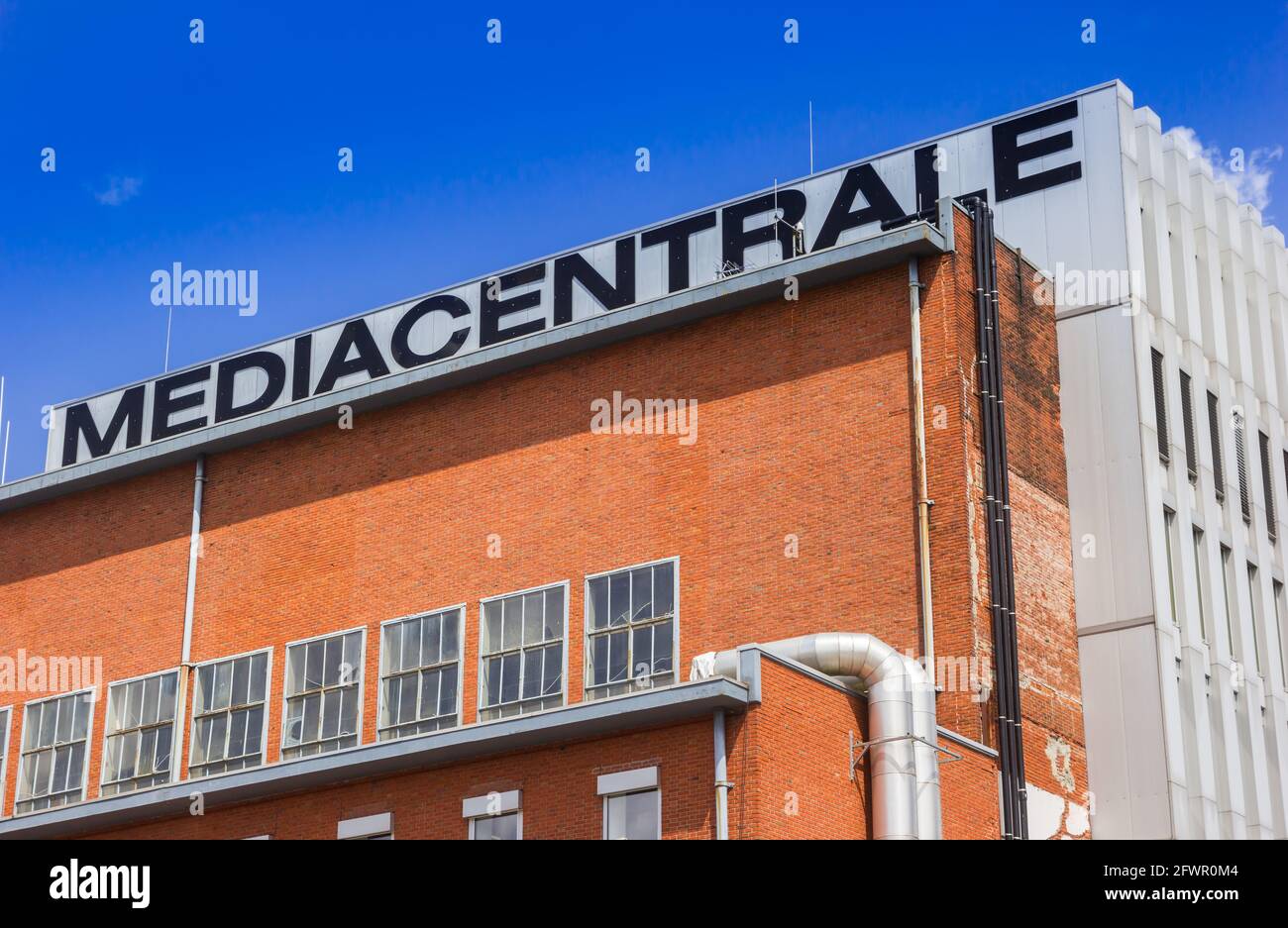 Building name on the former energy plant Mediacentrale in Groningen, Netherlands Stock Photo