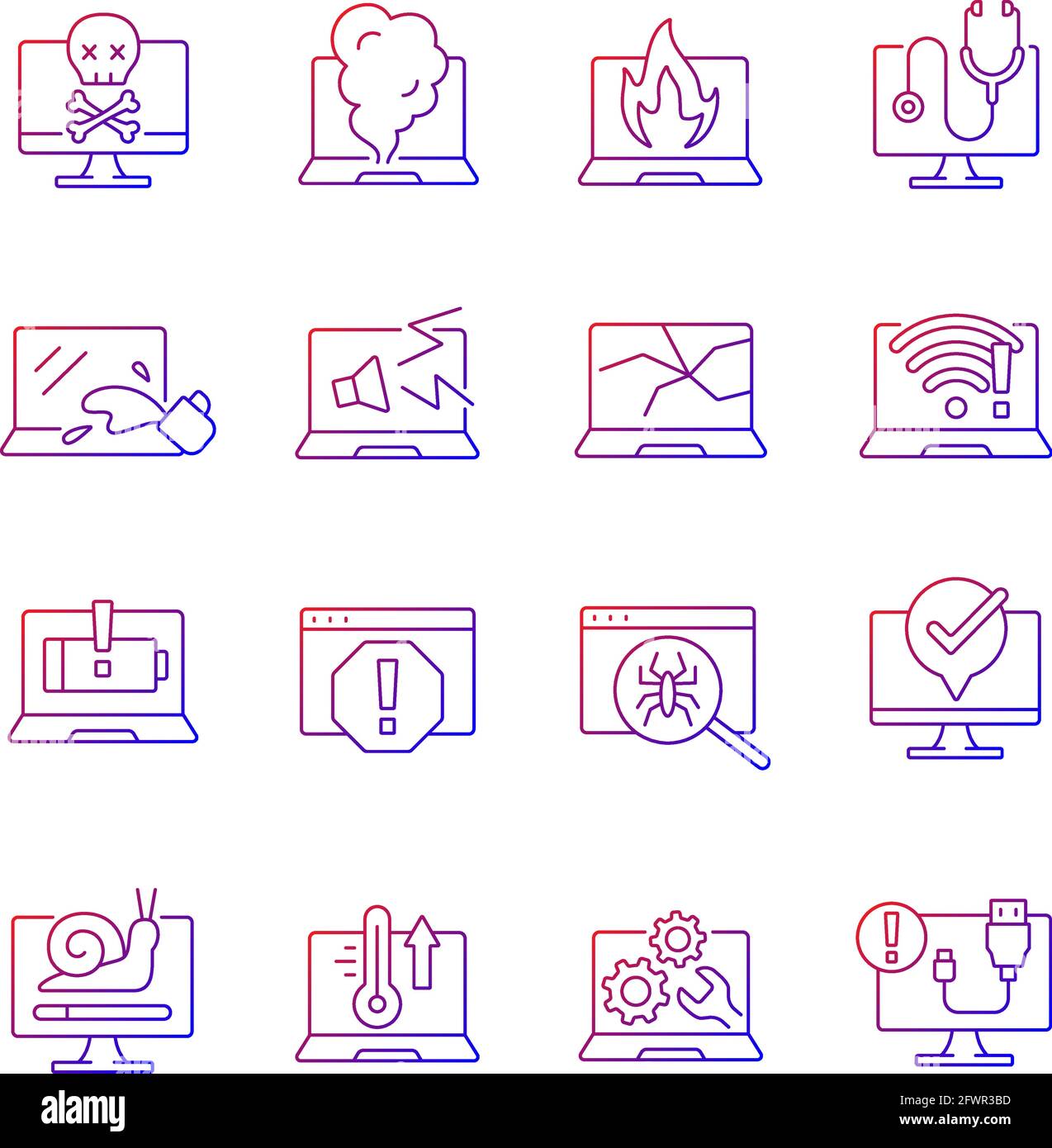 Computer problem gradient linear vector icons set Stock Vector