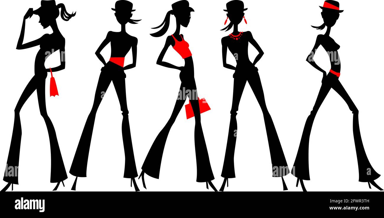 Set of silhouette of fashion girls top models in hats and pants Stock Vector