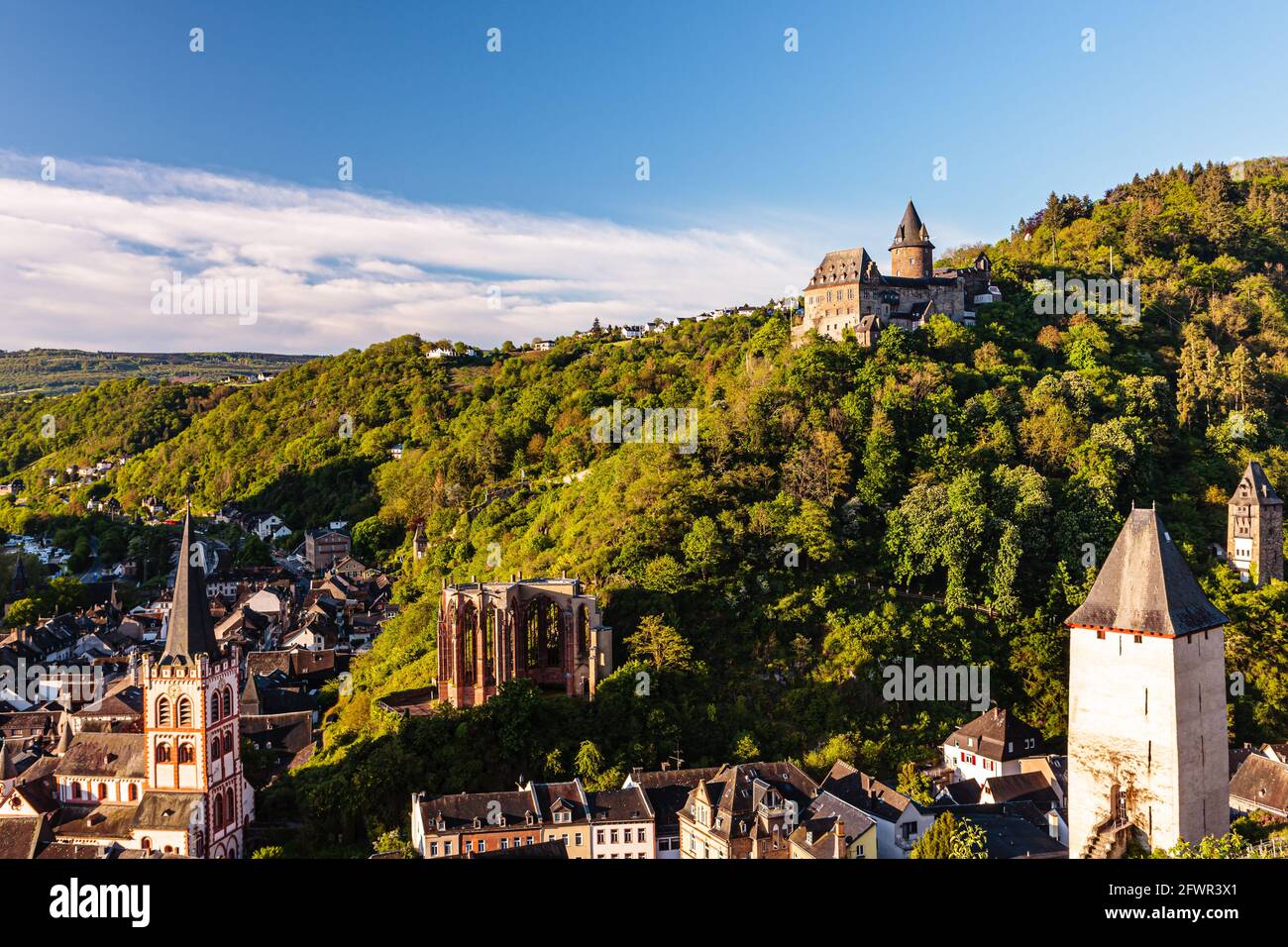 Stahleck castle, Werner chapel ruin and St. Peter church at dawn, Bacharach, rhine valley, Germany, Europe Stock Photo