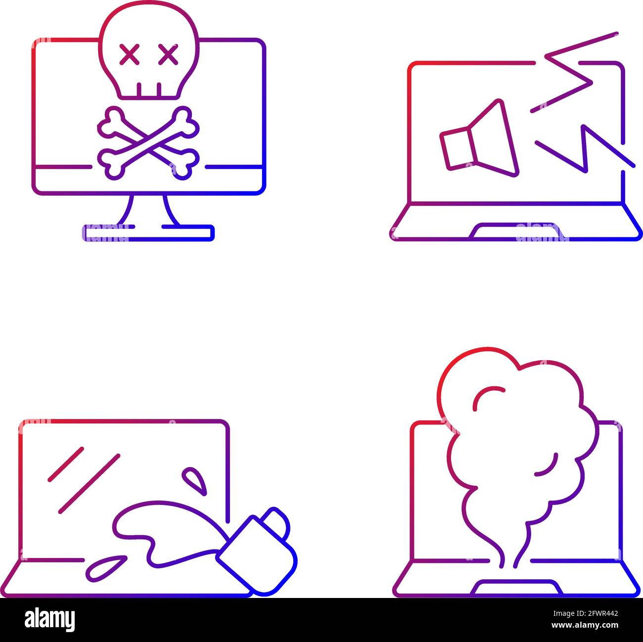 Broken laptop gradient linear vector icons set Stock Vector