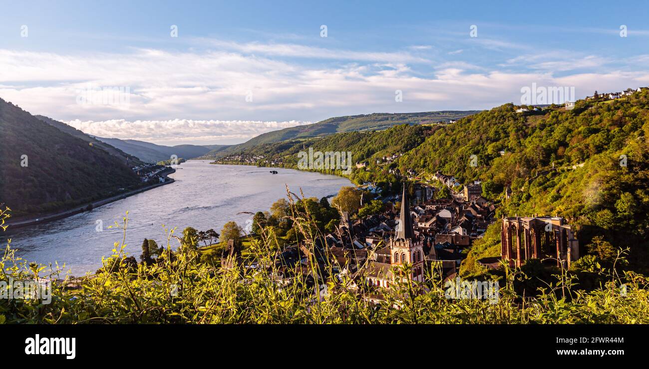Werner chapel ruin and St. Peter church at dawn, Panorama, Bacharach, rhine valley, Germany, Europe Stock Photo