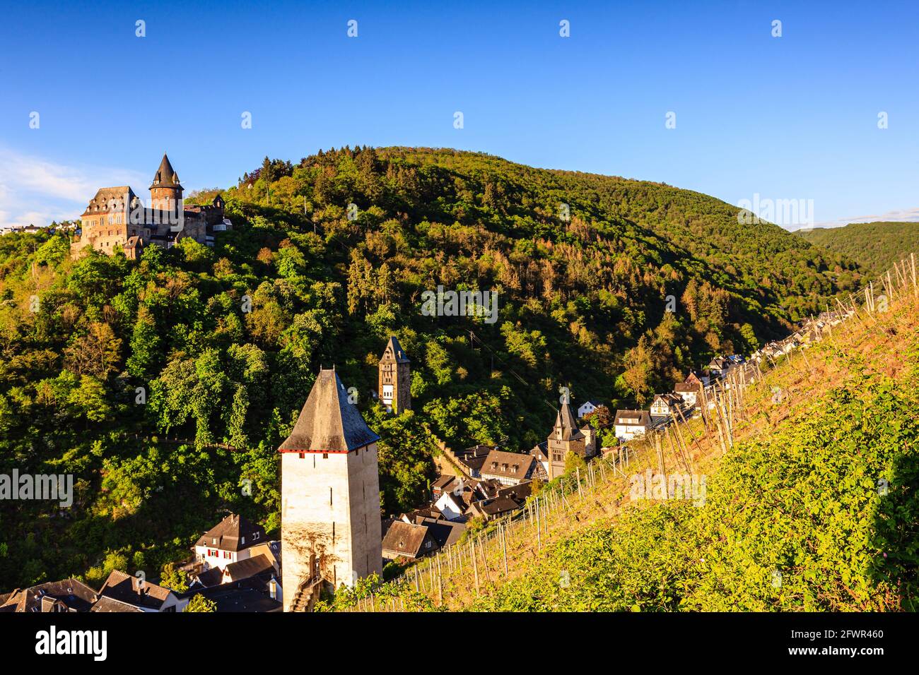 Stahleck castle at dawn, Bacharach, rhine valley, Germany, Europe Stock Photo