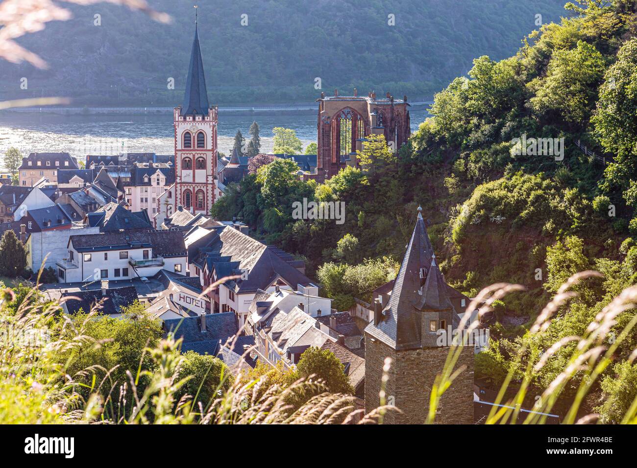 Werner chapel ruin and St. Peter church against backlight, Bacharach, rhine valley, Germany, Europe Stock Photo