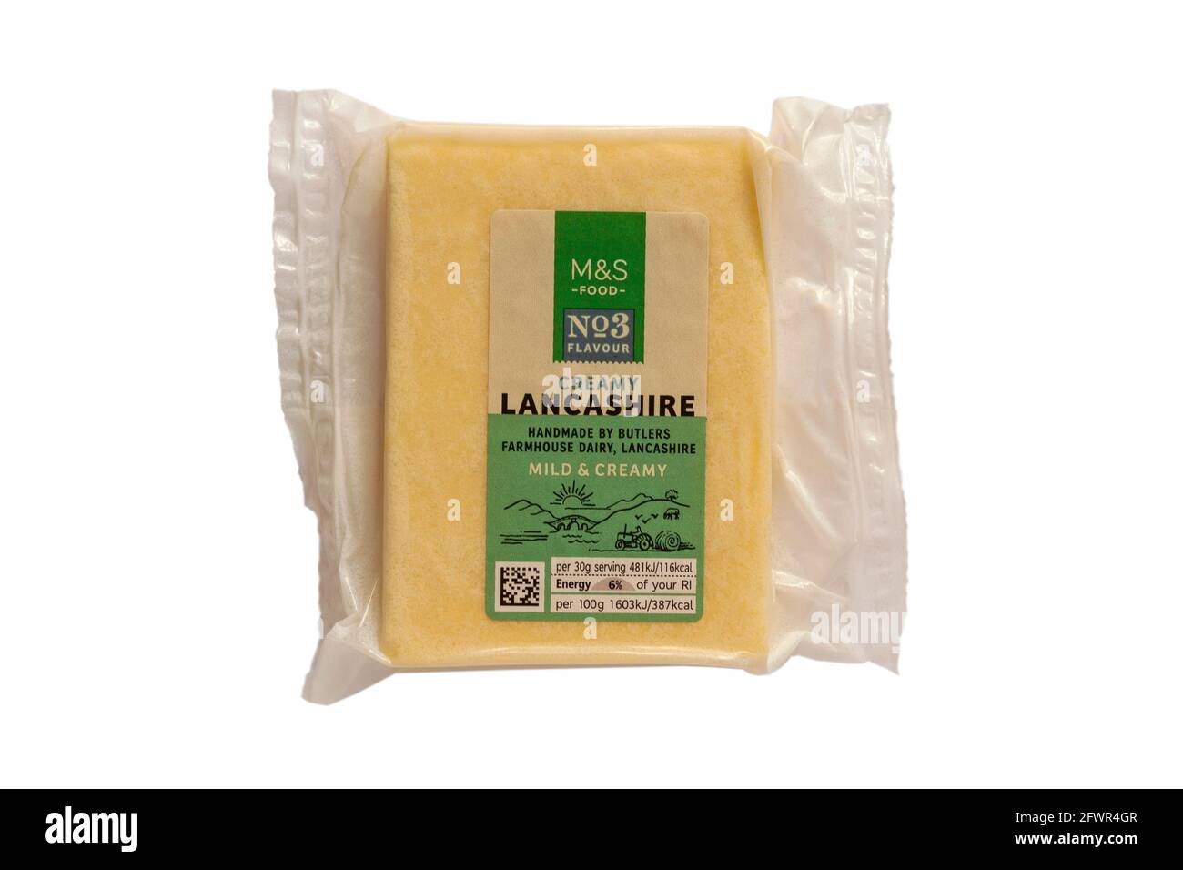 Pack of Creamy Lancashire Cheese mild & creamy from M&S isolated on white background - handmade by Butlers Farmhouse Dairy Lancashire Stock Photo