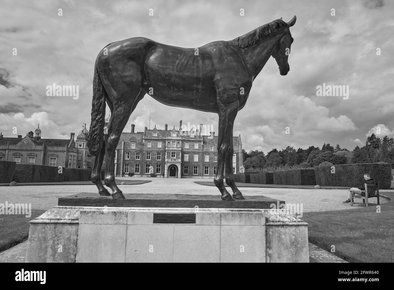 Sculpture of the horse 'Estimate' at Sandringham house, the Queen of England's country house in Norfolk, closed due to covid-19, May 2021. Stock Photo