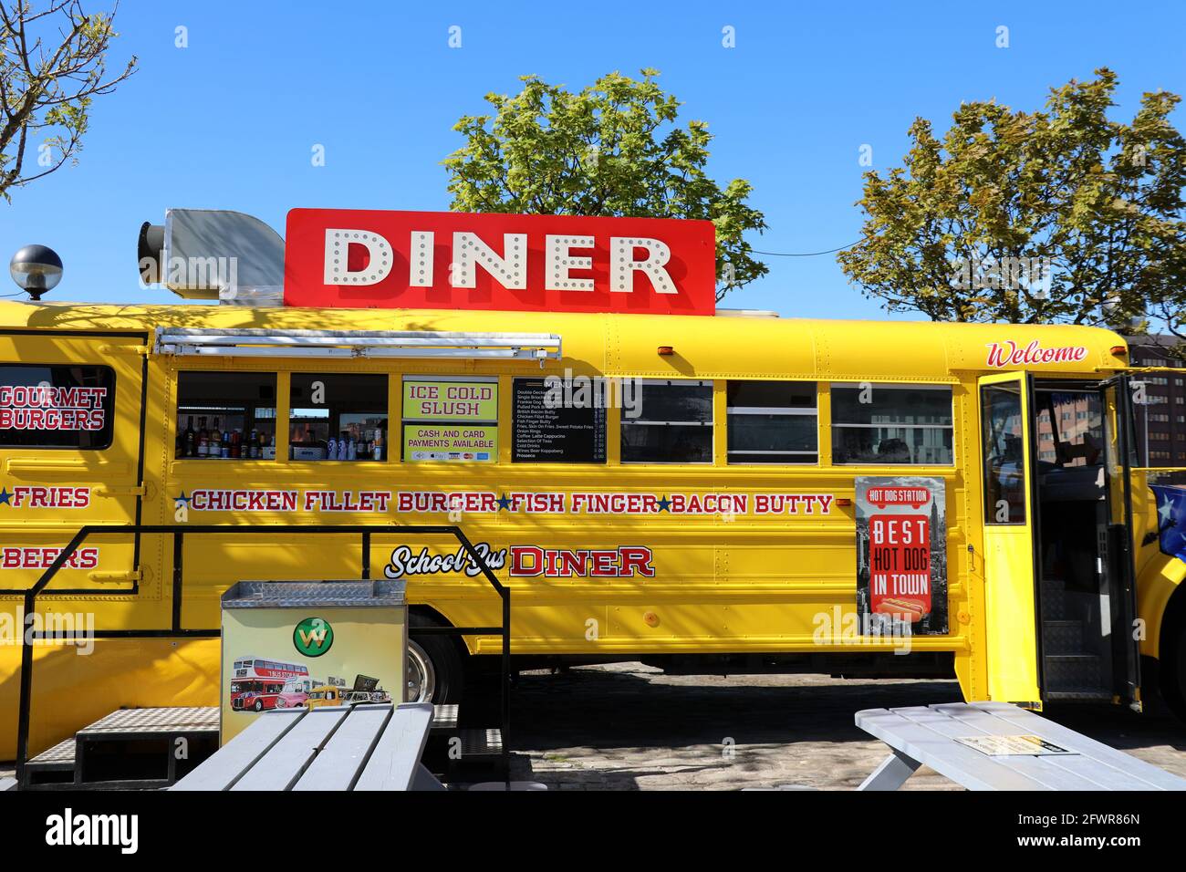 School Bus Diner at Royal Albert Dock in Liverpool Stock Photo