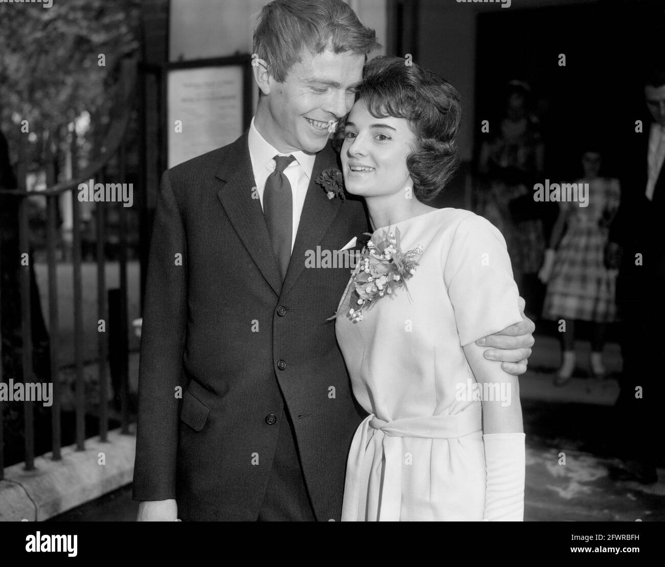 File photo dated 09-07-1960 of Max Mosley and the former Jean Taylor at Chelsea Register Office. The bride is the daughter of Mr James Taylor, a City of London Policeman. The couple met at a London party two years ago. Max is reading physics at Christ Church, Oxford. Issue date: Monday May 24, 2021. Stock Photo