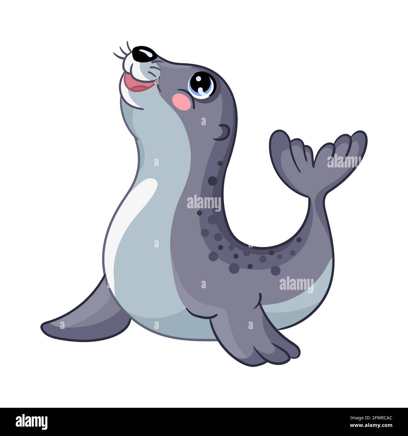 Funny cute happy seal. Sea creatures. Cartoon marine animal character. Vector illustration isolated on white background. For children apparel, print a Stock Vector