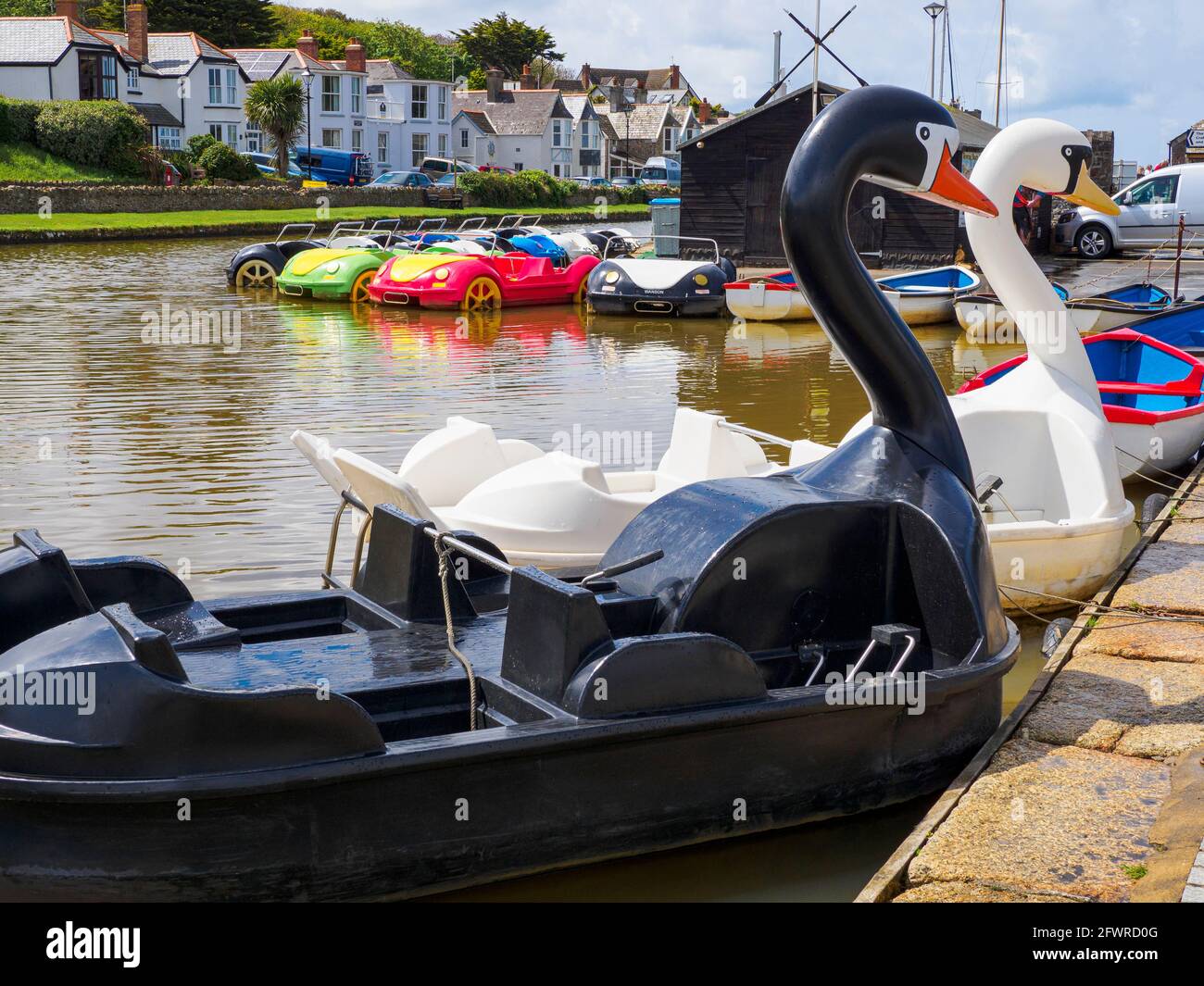 Pedalos on the canal, Bude, Cornwall, UK Stock Photo